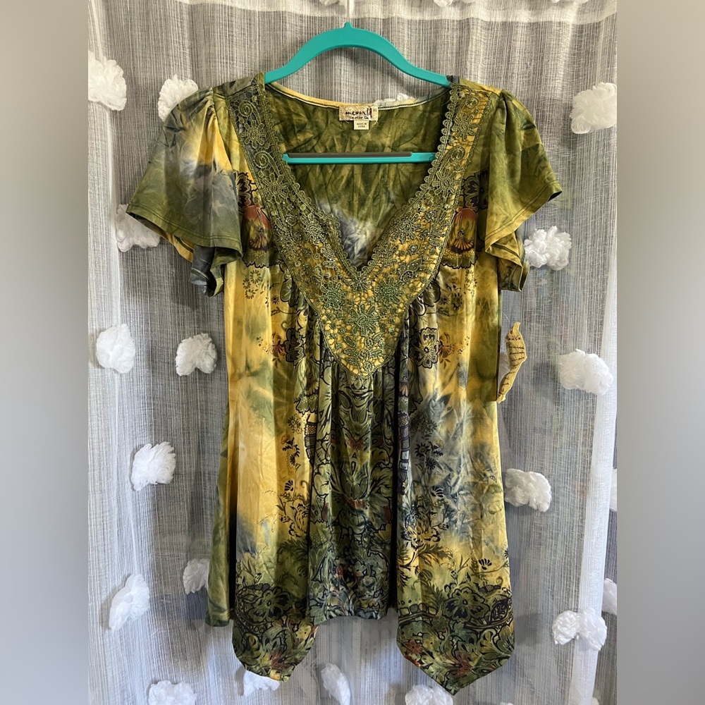 ONE WORLD Olive, Mustard & Gray Tie-Dye Short Sleeve Tunic
